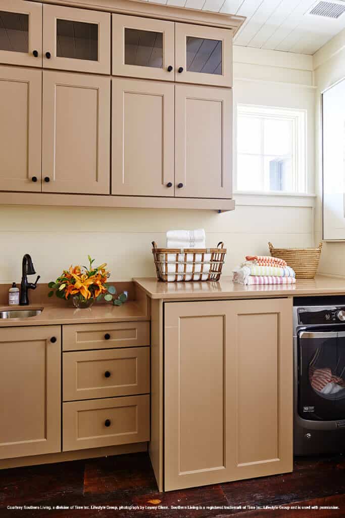 2017 southern living idea house taupe shaker laundry room cabinets