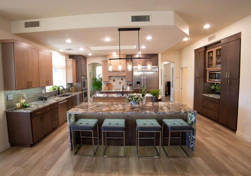 modern open kitchen with natural wood grain