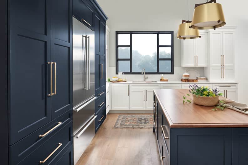 Dark Blue tall kitchen cabinets with island