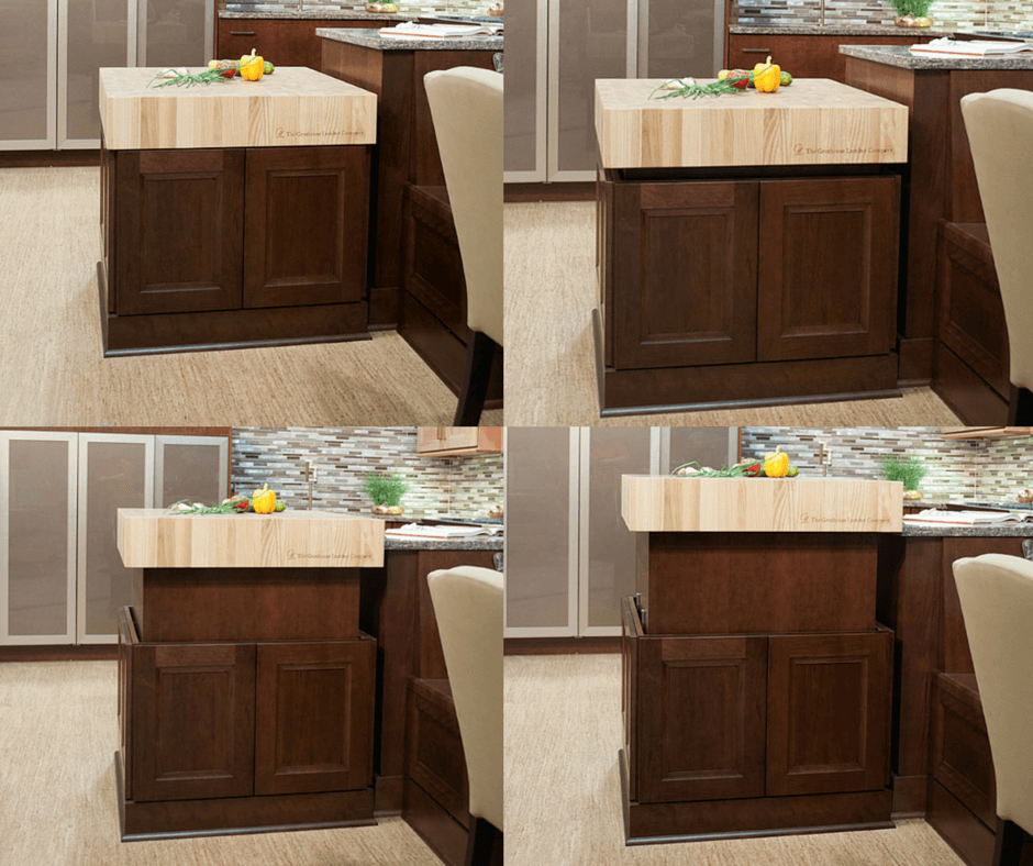 This butcher block countertop allows accessible heights with the push of a button! How cool of an island would that be? Perfect heights for chopping, serving, and everything in between!