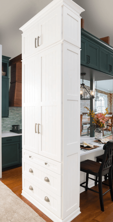 white and green farmhouse free standing cabinet pantry for kitchens 