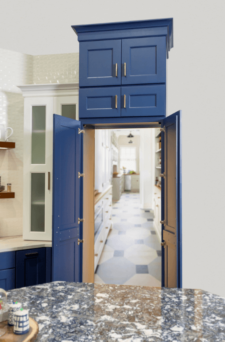 walk through pantry in sapphire blue with white cabinets